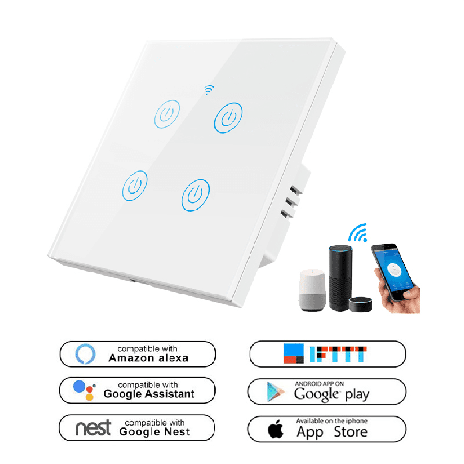NO-NEUTRAL EU Smart Touch Switch 4 Gang - White